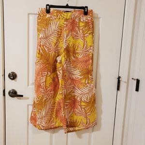 Tahari Wide-Leg Cropped Linen Pants Tropical Print Pockets Women's Large